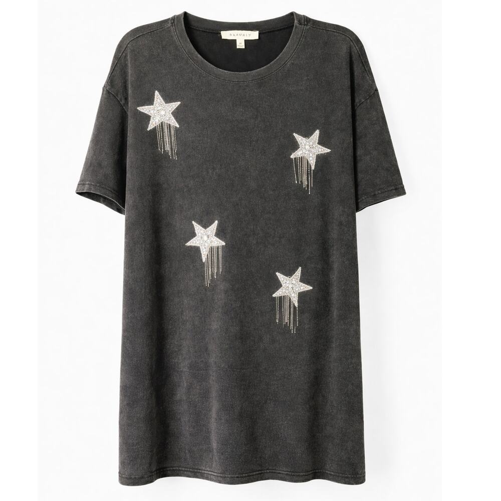 BaeVely Black Rhinestone Star Fringe Tee Shirt Dress Medium Oversized Graphic